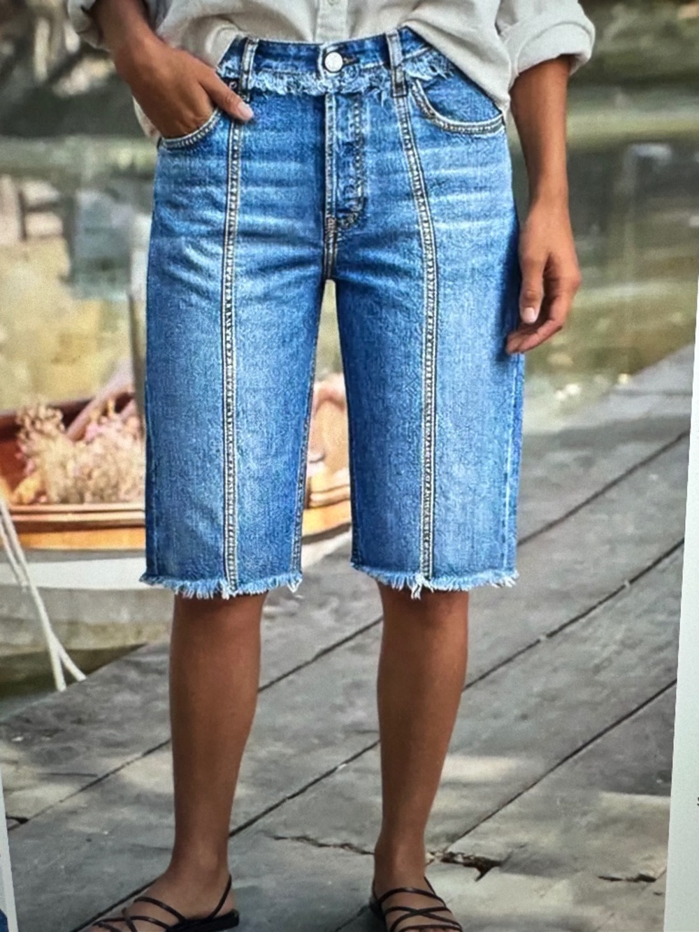 Flamingals Raw Hem Stitch Detail Mid Waist Denim Bermuda Shorts mid blue M-NWT